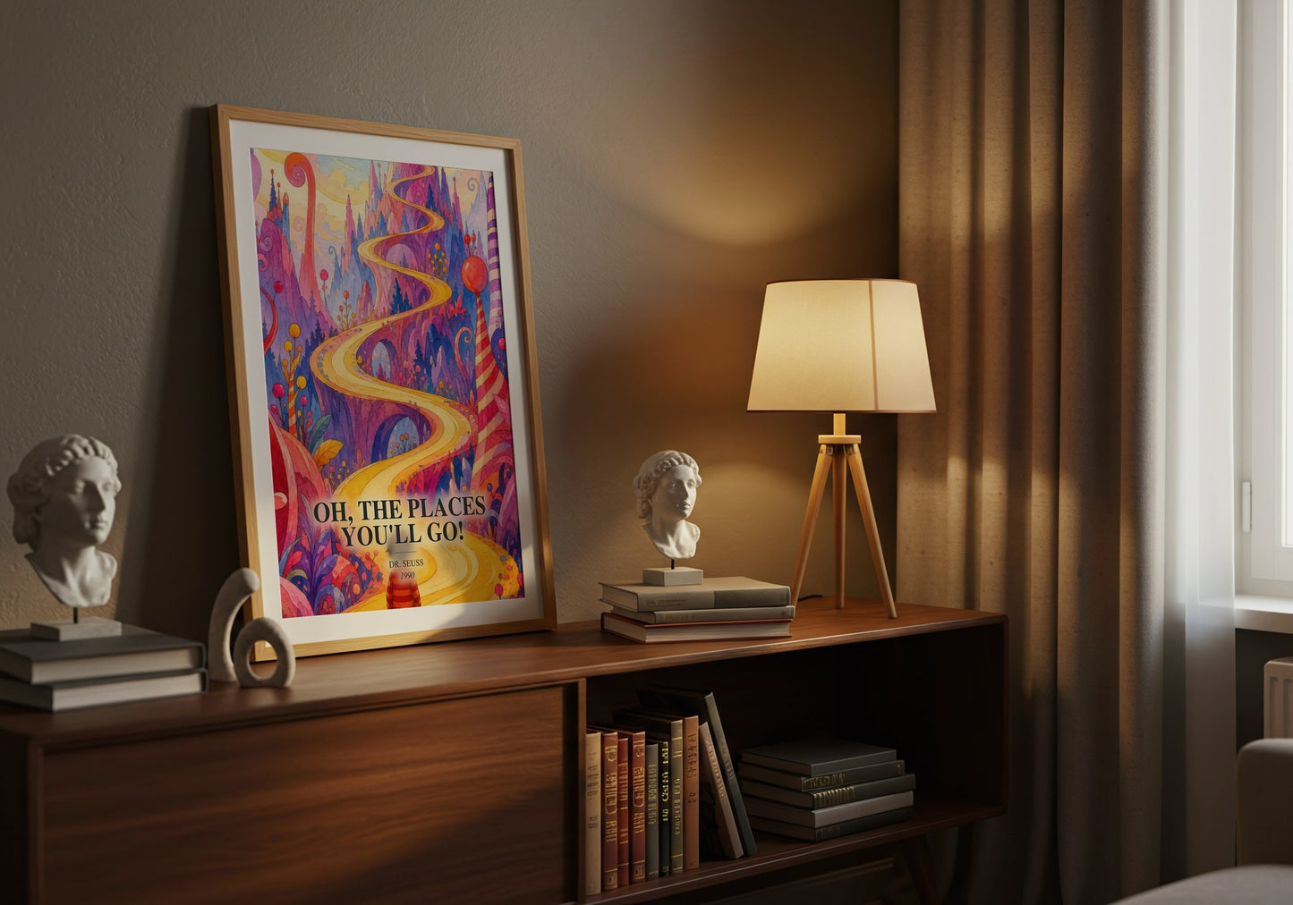 Oh, The Places You'Ll Go! watercolour print on bookshelf – Dr. Seuss fan gift