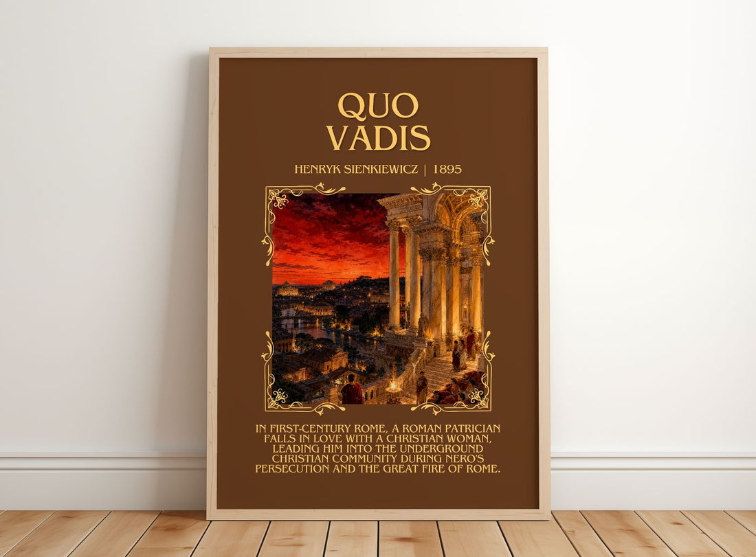 Quo Vadis Minimalist Book Poster by Henryk Sienkiewicz – framed print leaning on a wooden floor