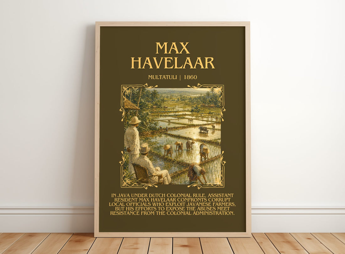 Max Havelaar Minimalist Book Poster by Multatuli – framed print leaning on a wooden floor
