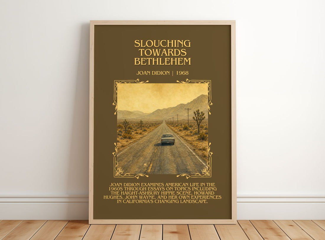 Slouching Towards Bethlehem Minimalist Book Poster by Joan Didion – framed print leaning on a wooden floor