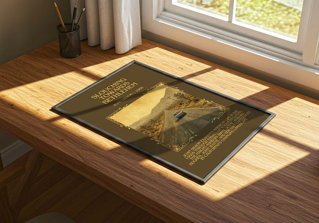 Slouching Towards Bethlehem Minimalist Book Poster by Joan Didion – print on a sunlit desk