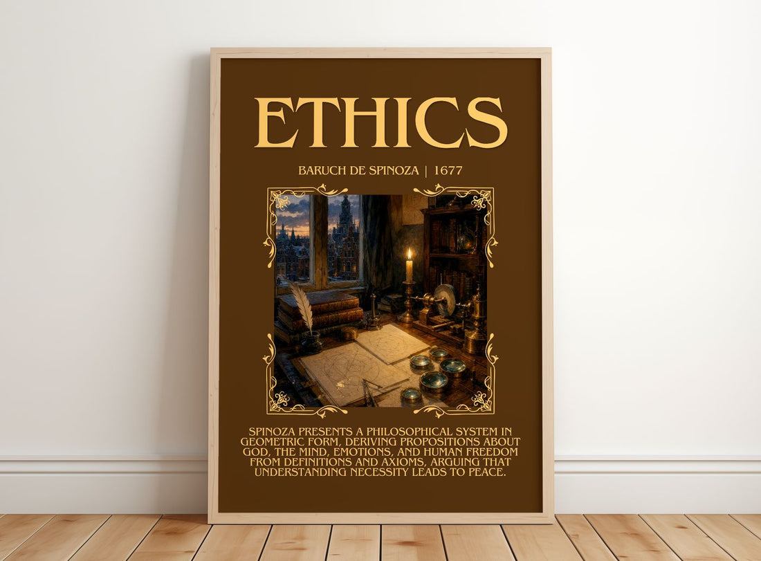 Ethics Minimalist Book Poster by Baruch de Spinoza – framed print leaning on a wooden floor