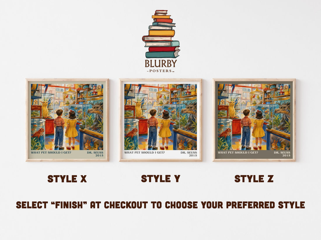 What Pet Should I Get? literary print in frame leaning in hallway – childrens wall art (mockup)