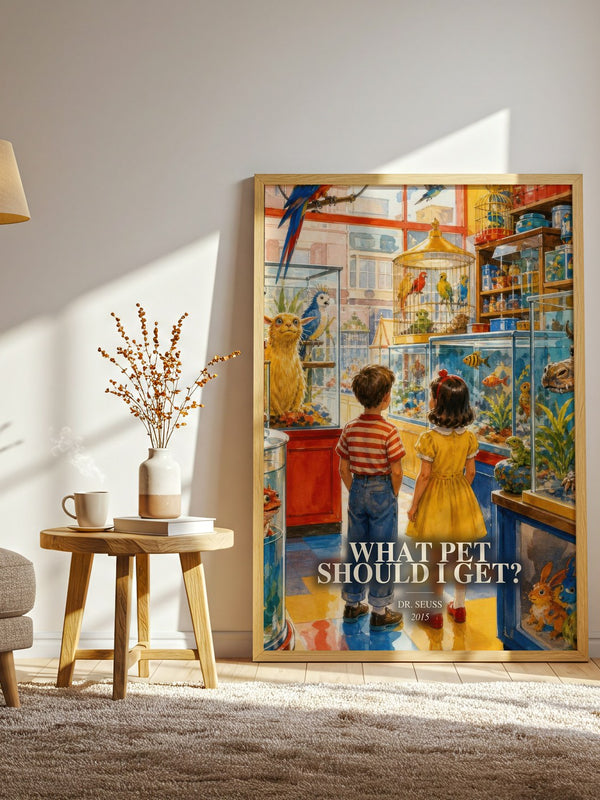 What Pet Should I Get? watercolour print in frame leaning in hallway – childrens wall art