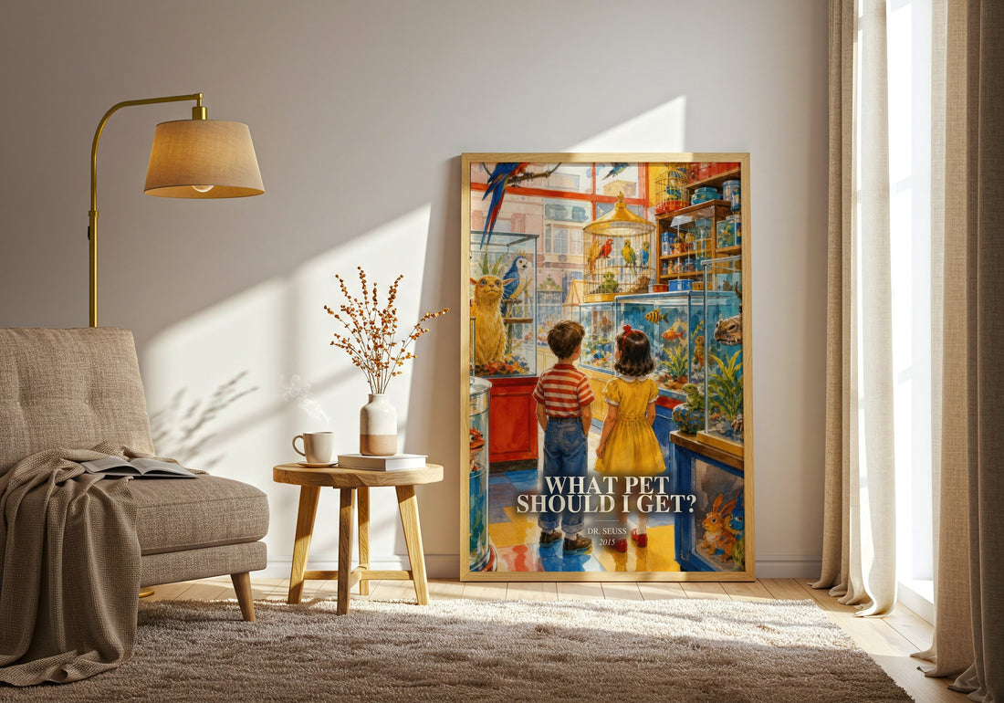 What Pet Should I Get? watercolour print in frame leaning in hallway – childrens wall art (mockup)