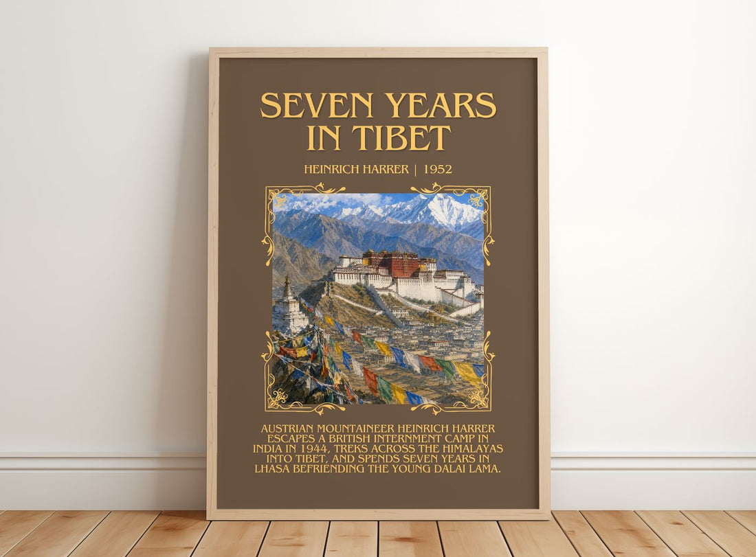 Seven Years in Tibet Minimalist Book Poster by Heinrich Harrer – framed print leaning on a wooden floor