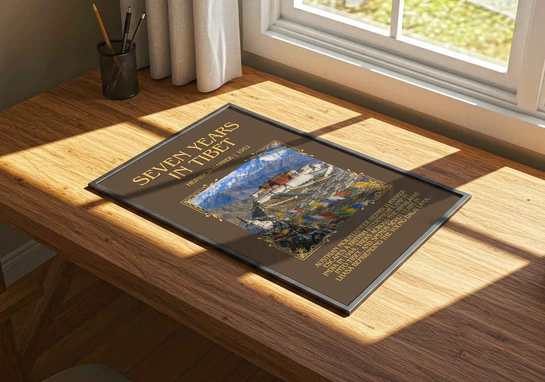 Seven Years in Tibet Minimalist Book Poster by Heinrich Harrer – print on a sunlit desk