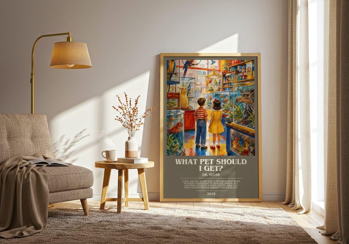 What Pet Should I Get? bookish print on bookshelf – Dr. Seuss fan gift