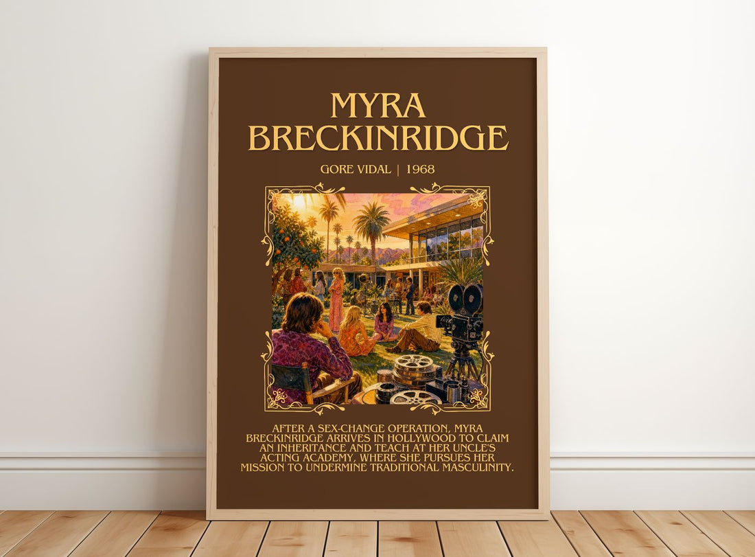 Myra Breckinridge Minimalist Book Poster by Gore Vidal – framed print leaning on a wooden floor