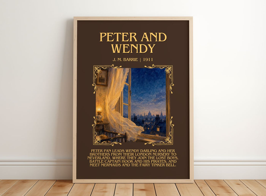 Peter And Wendy Minimalist Book Poster by J. M. Barrie – framed print leaning on a wooden floor