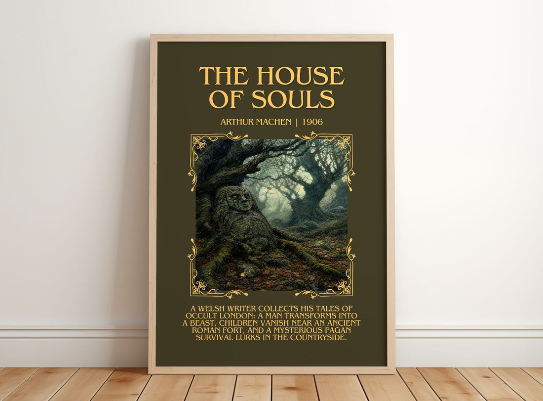The House Of Souls Minimalist Book Poster by Arthur Machen – framed print leaning on a wooden floor