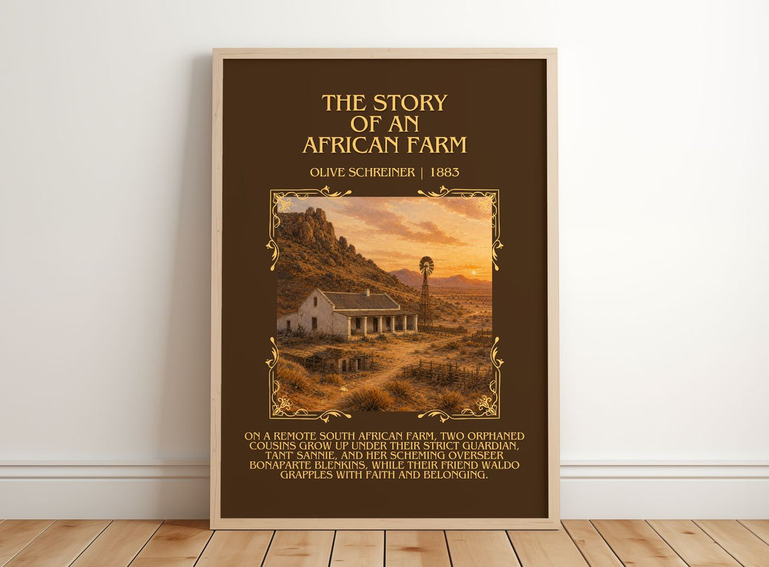 The Story Of An African Farm Minimalist Book Poster by Olive Schreiner – framed print leaning on a wooden floor