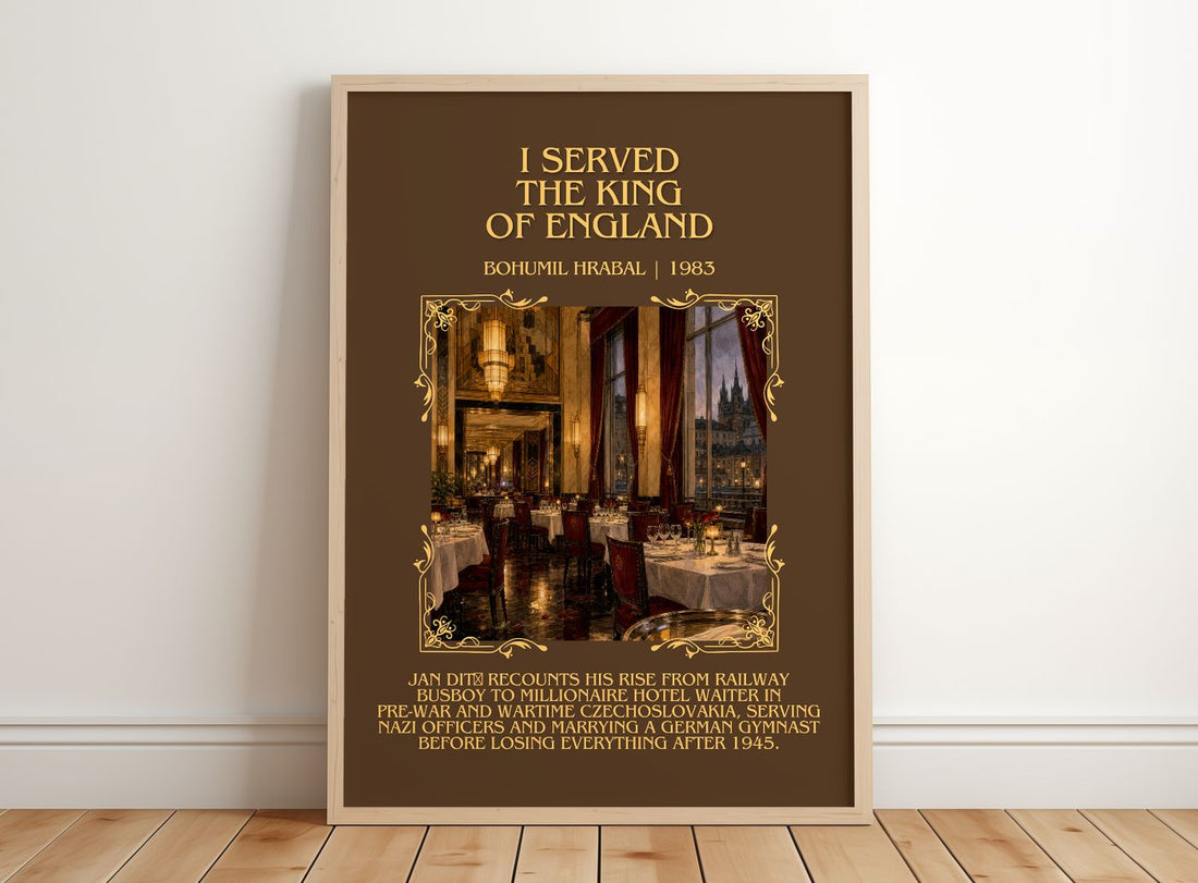 I Served The King Of England Minimalist Book Poster by Bohumil Hrabal – framed print leaning on a wooden floor