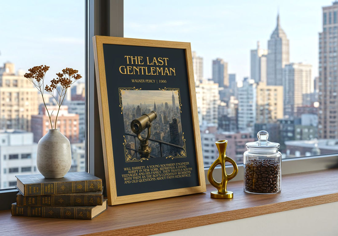 The Last Gentleman Minimalist Book Poster by Walker Percy – framed print on a city-view windowsill