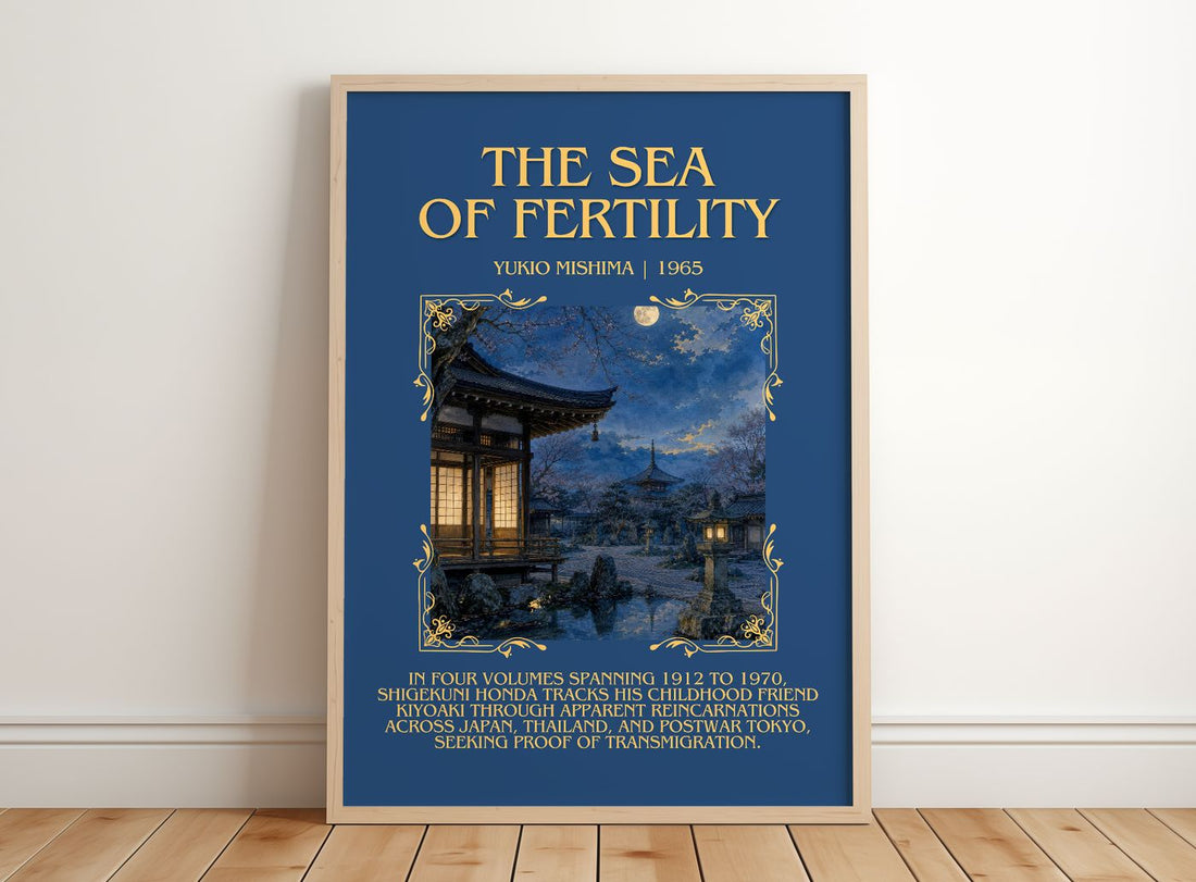 The Sea of Fertility Minimalist Book Poster by Yukio Mishima – framed print leaning on a wooden floor