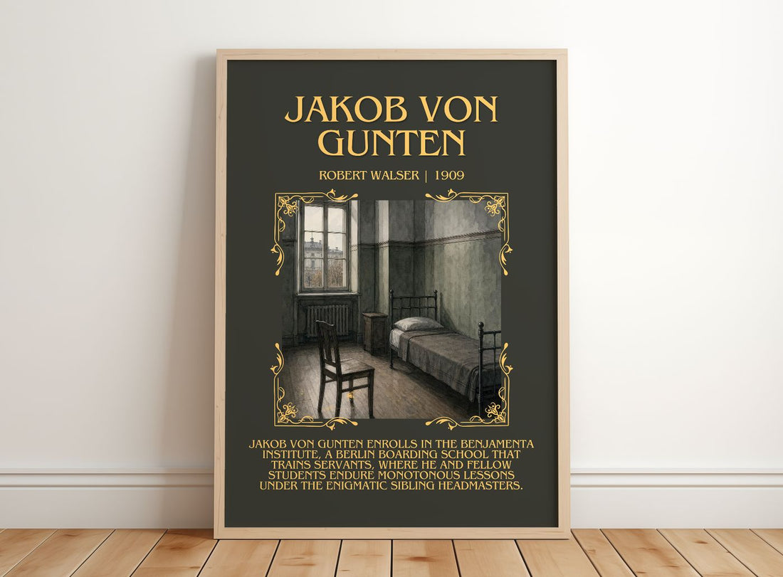 Jakob Von Gunten Minimalist Book Poster by Robert Walser – framed print leaning on a wooden floor