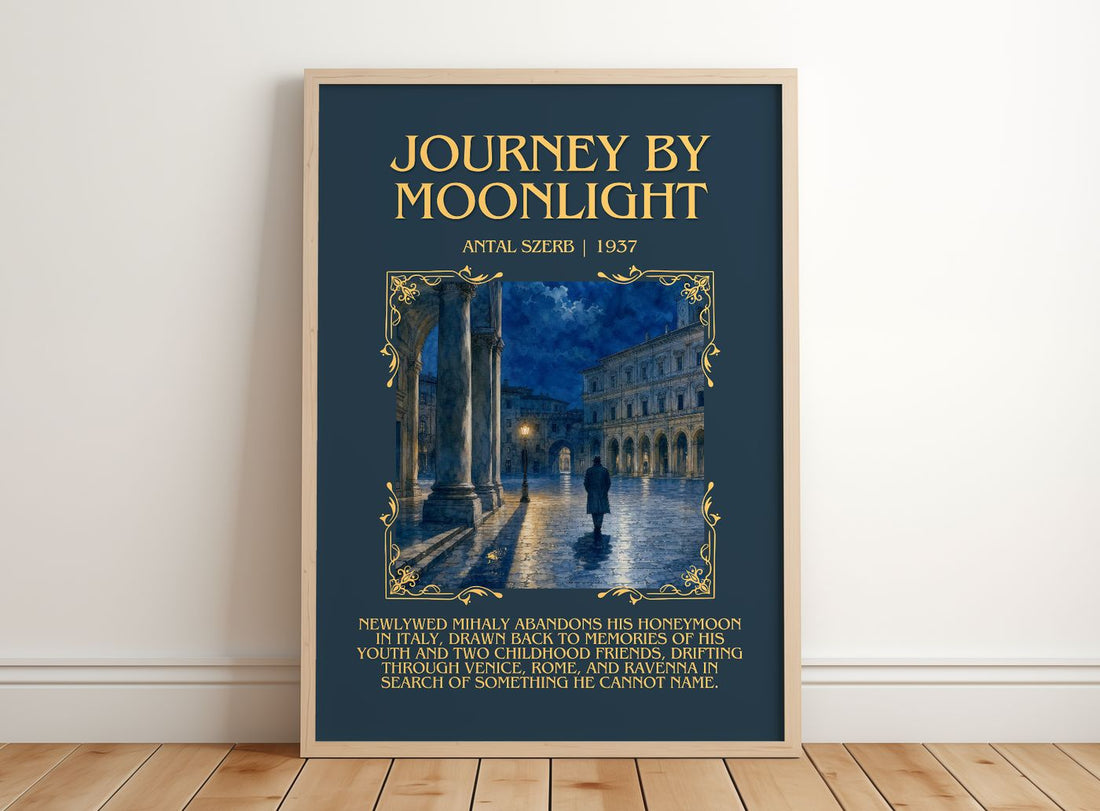 Journey by Moonlight Minimalist Book Poster by Antal Szerb – framed print leaning on a wooden floor