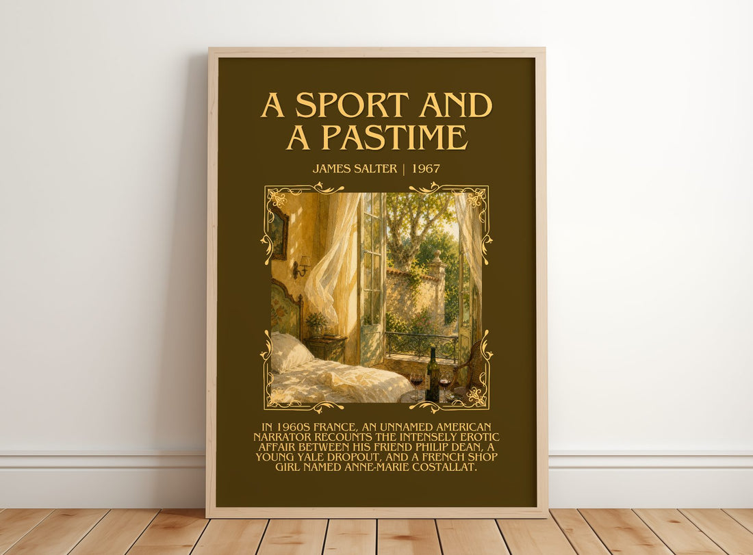 A Sport and a Pastime Minimalist Book Poster by James Salter – framed print leaning on a wooden floor