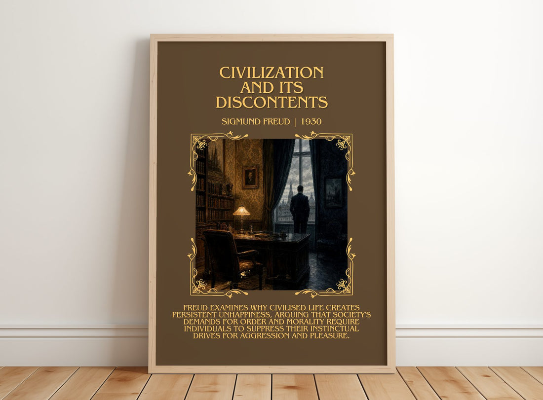 Civilization and Its Discontents Minimalist Book Poster by S. Freud – framed print leaning on a wooden floor
