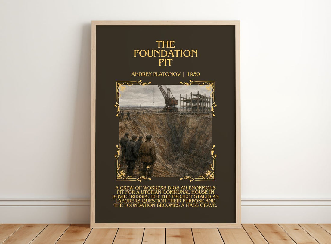The Foundation Pit Minimalist Book Poster by Andrey Platonov – framed print leaning on a wooden floor