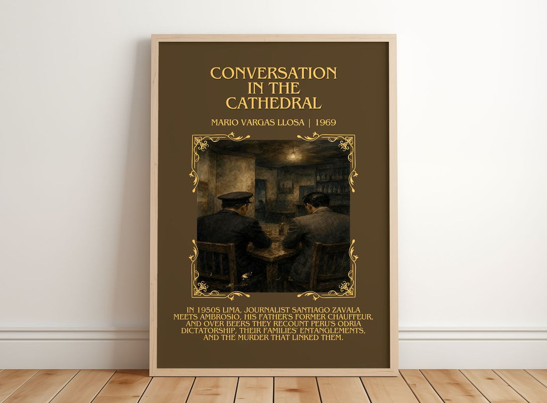 Conversation in the Cathedral Minimalist Book Poster by M. Llosa – framed print leaning on a wooden floor