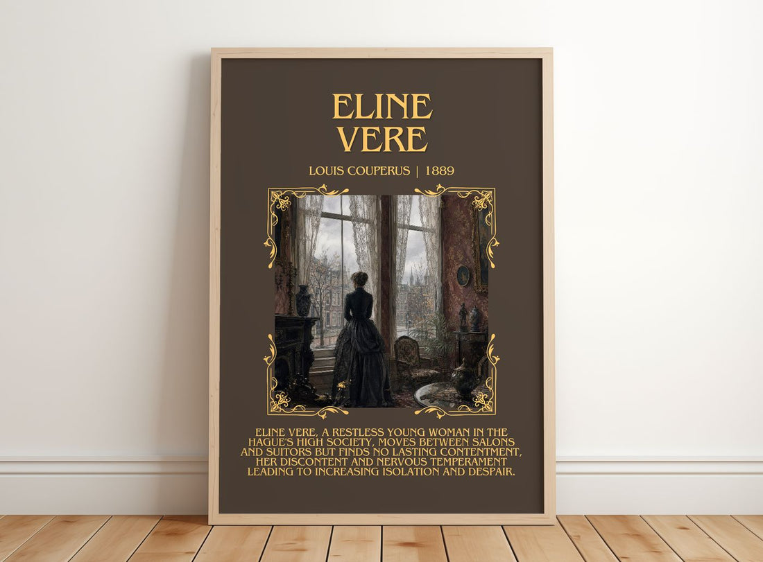 Eline Vere Minimalist Book Poster by Louis Couperus – framed print leaning on a wooden floor