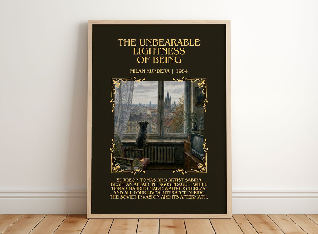 Unbearable Lightness of Being Minimalist Book Poster by Milan Kundera – framed print leaning on a wooden floor