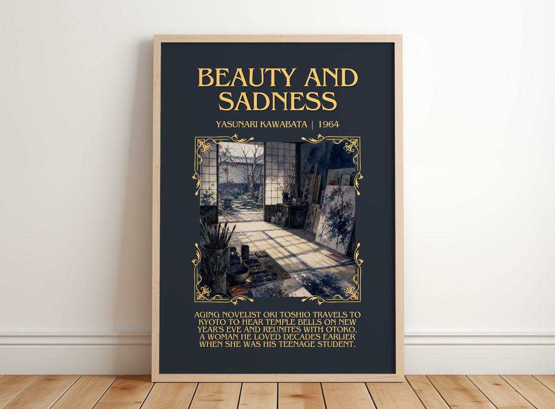 Beauty and Sadness Minimalist Book Poster by Yasunari Kawabata – framed print leaning on a wooden floor
