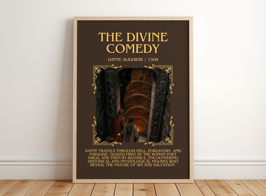The Divine Comedy Minimalist Book Poster by Dante Alighieri – framed print leaning on a wooden floor