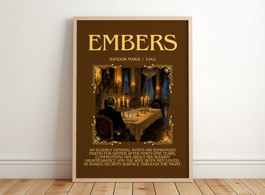 Embers Minimalist Book Poster by Sandor Marai – framed print leaning on a wooden floor