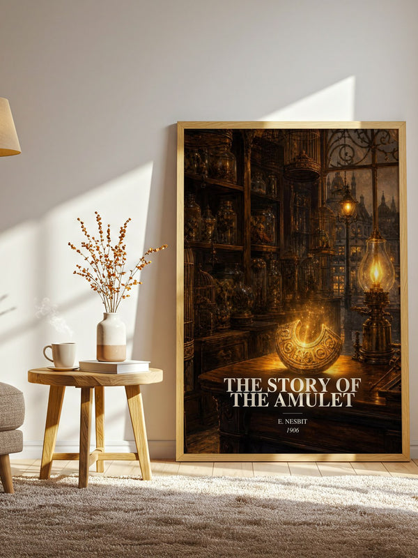 The Story Of The Amulet watercolour print in frame leaning in hallway – childrens wall art