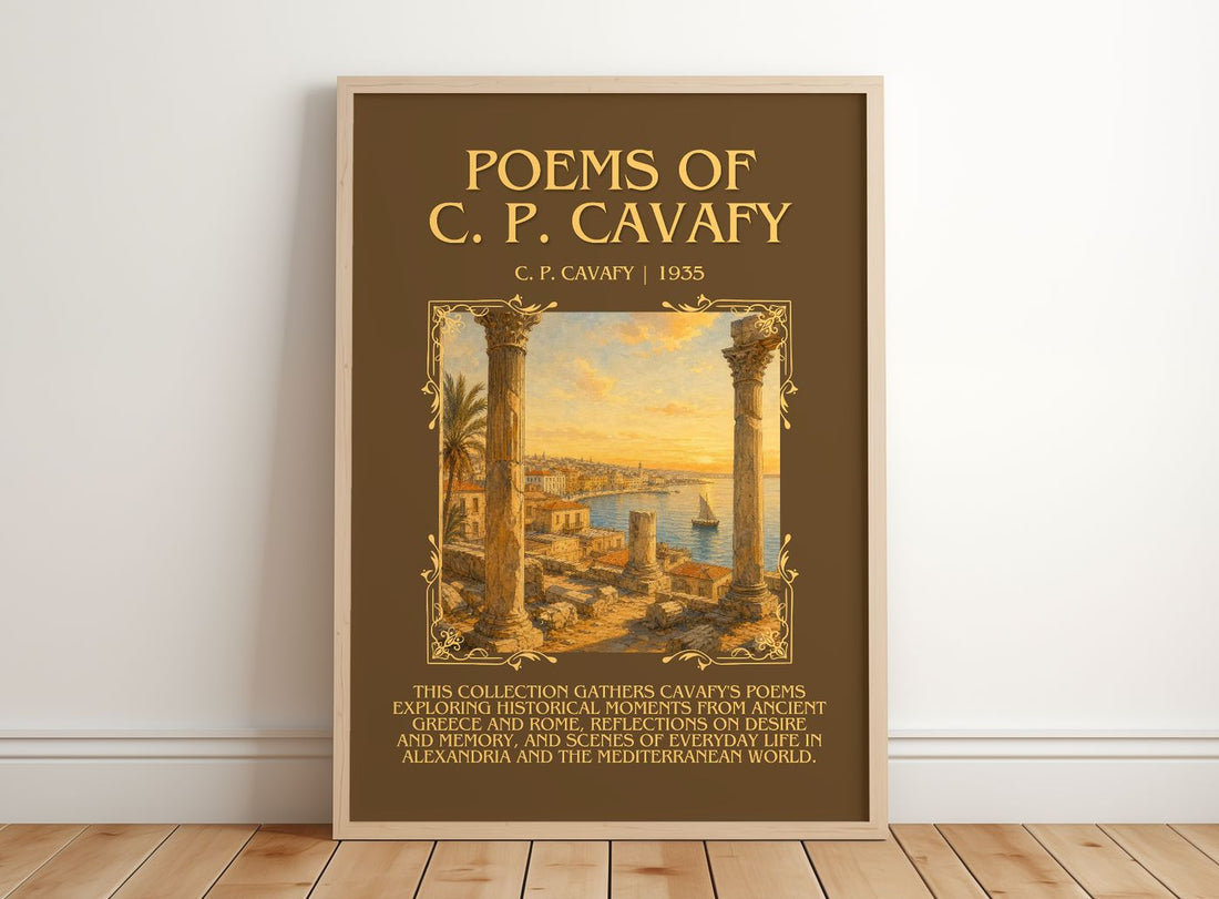 Poems Of C. P. Cavafy Minimalist Book Poster by C. P. Cavafy – framed print leaning on a wooden floor