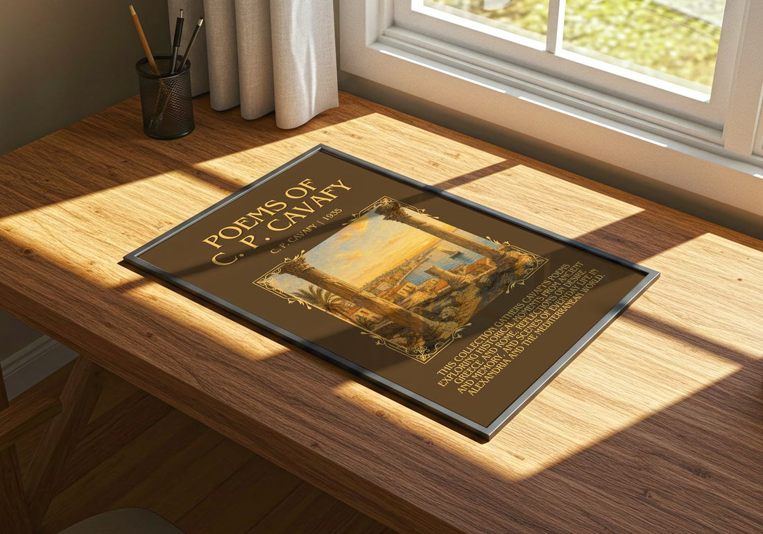 Poems Of C. P. Cavafy Minimalist Book Poster by C. P. Cavafy – print on a sunlit desk