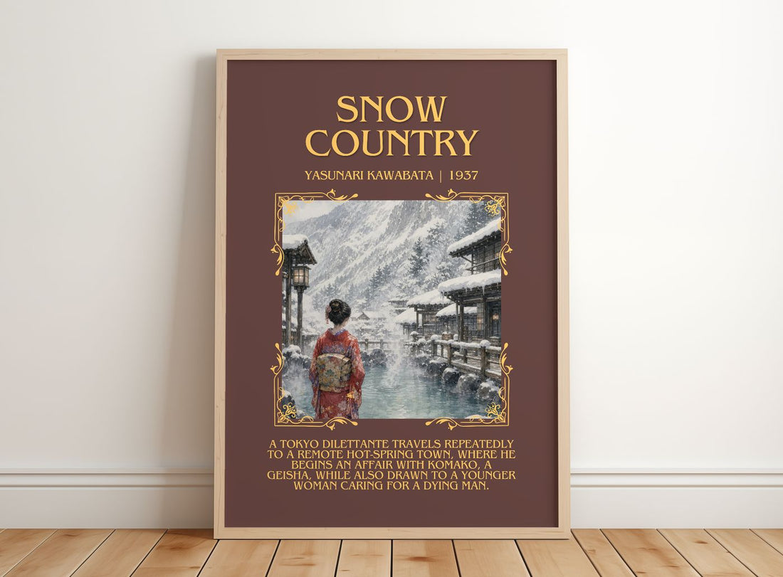 Snow Country Minimalist Book Poster by Yasunari Kawabata – framed print leaning on a wooden floor