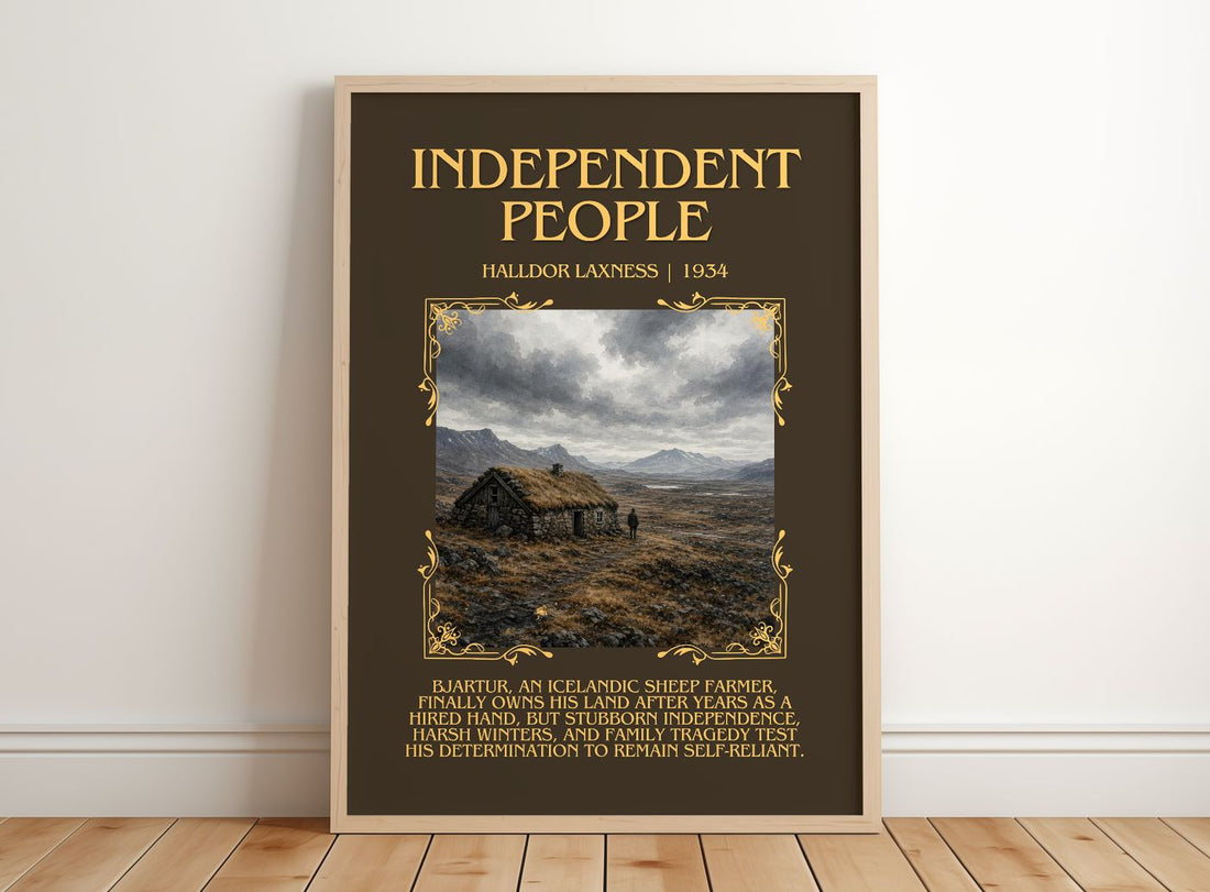 Independent People Minimalist Book Poster by Halldor Laxness – framed print leaning on a wooden floor