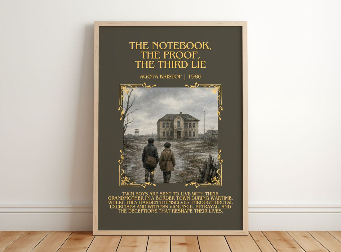 The Notebook, The Proof, The Third Lie Minimalist Book Poster by Agota Kristof – framed print leaning on a wooden floor