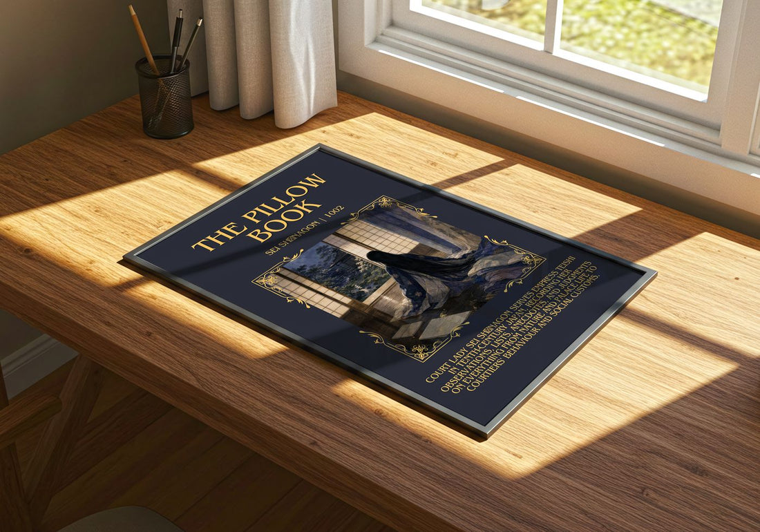 The Pillow Book Minimalist Book Poster by Sei Shōnagon – print on a sunlit desk
