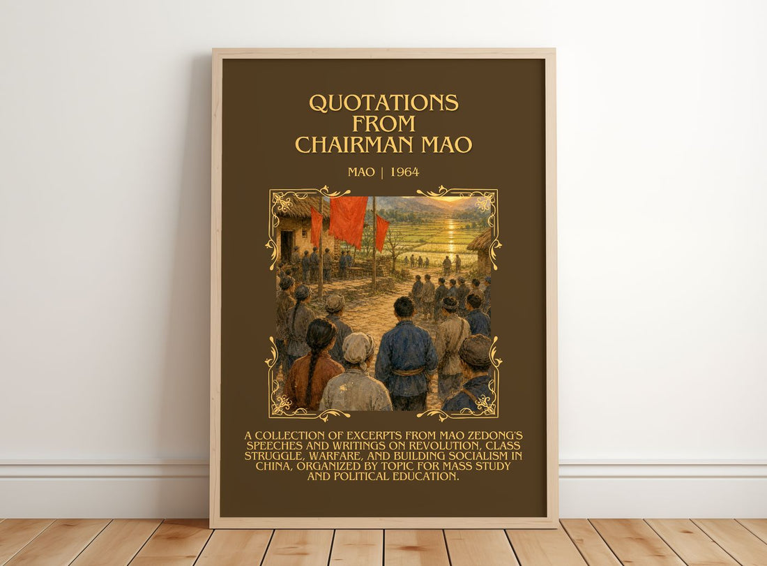 Quotations from Chairman Mao Minimalist Book Poster by Mao – framed print leaning on a wooden floor