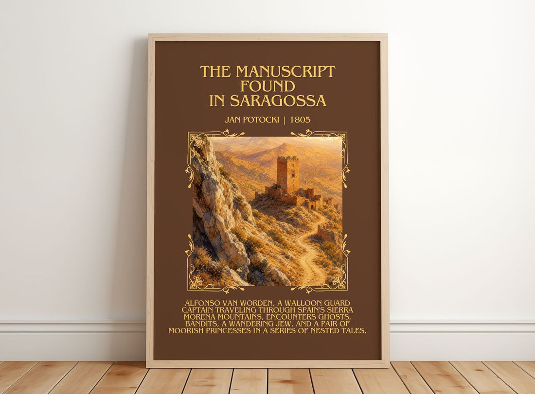 Manuscript Found in Saragossa Minimalist Book Poster by Jan Potocki – framed print leaning on a wooden floor