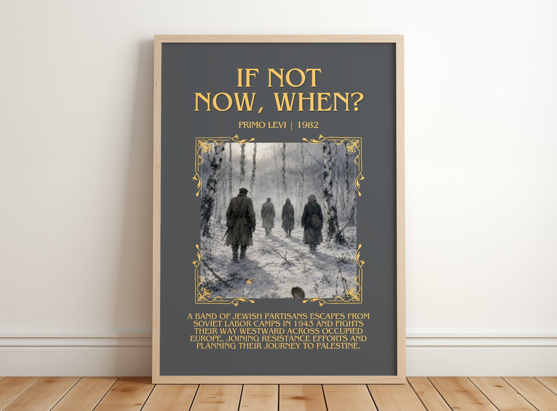 If Not Now, When? Minimalist Book Poster by Primo Levi – framed print leaning on a wooden floor