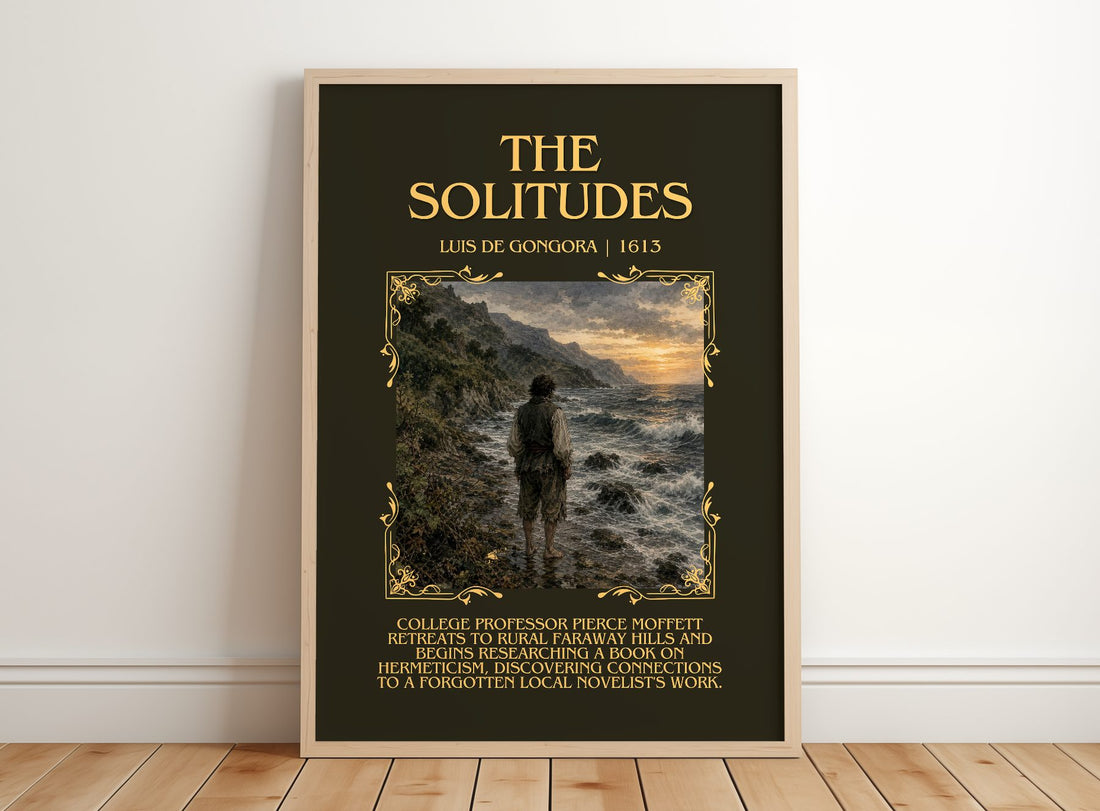 The Solitudes Minimalist Book Poster by Luis de Góngora – framed print leaning on a wooden floor