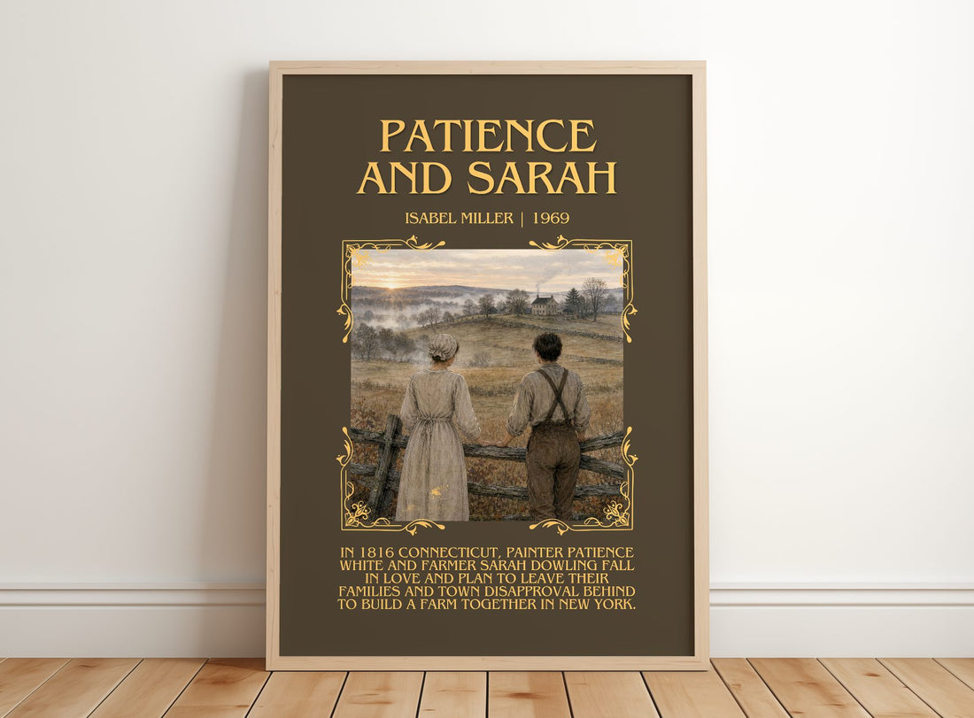 Patience And Sarah Minimalist Book Poster by Isabel Miller – framed print leaning on a wooden floor