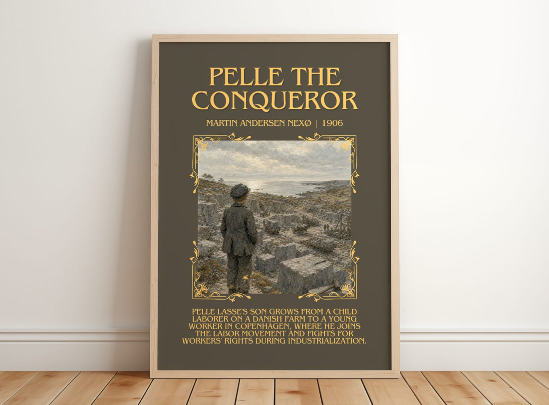 Pelle The Conqueror Minimalist Book Poster by Martin Andersen Nexø – framed print leaning on a wooden floor