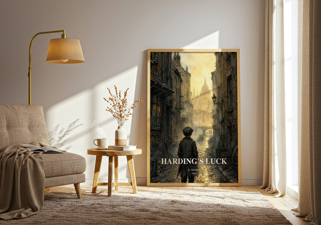 Harding'S Luck watercolour print in frame leaning in hallway – childrens wall art (mockup)
