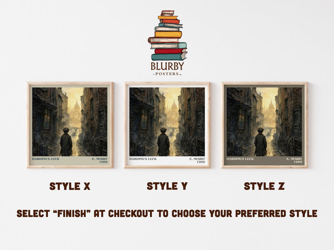 Harding'S Luck literary print in frame leaning in hallway – childrens wall art (mockup)