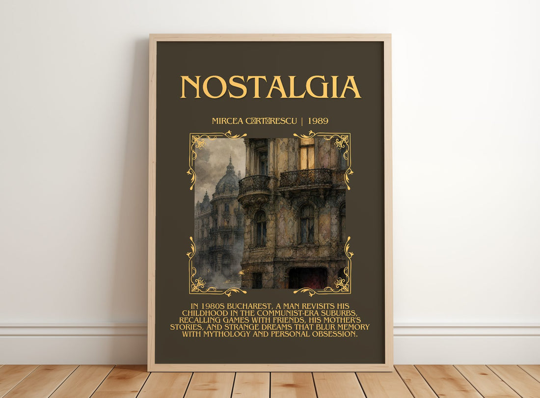 Nostalgia Minimalist Book Poster by Mircea Cărtărescu – framed print leaning on a wooden floor