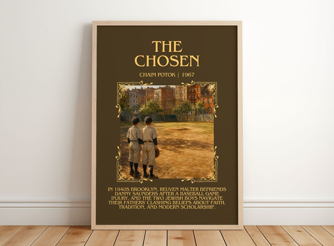 The Chosen Minimalist Book Poster by Chaim Potok – framed print leaning on a wooden floor