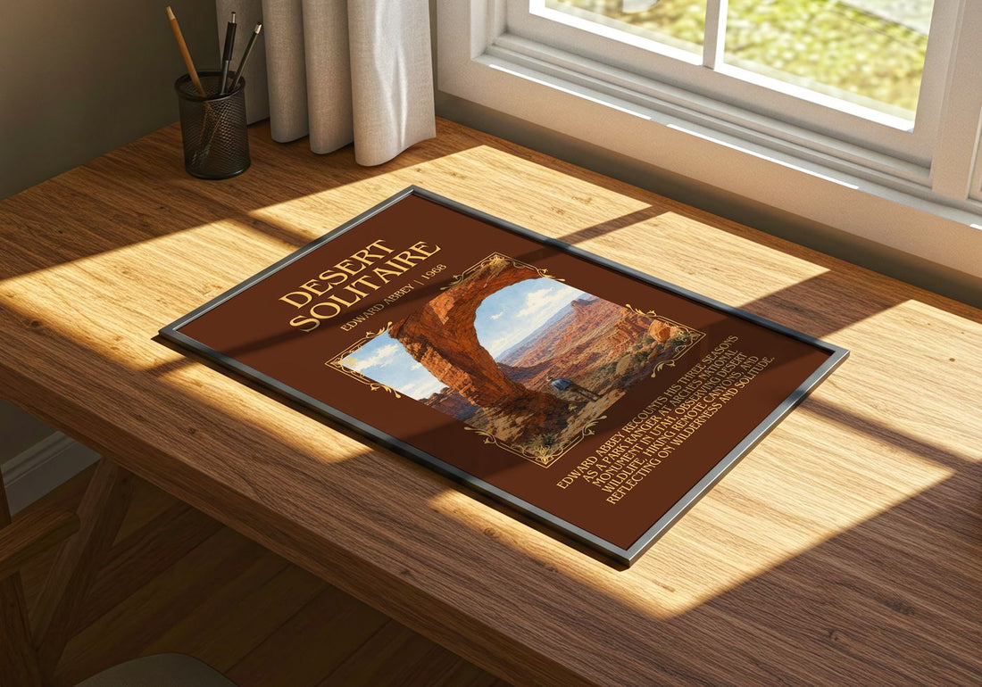 Desert Solitaire Minimalist Book Poster by Edward Abbey – print on a sunlit desk