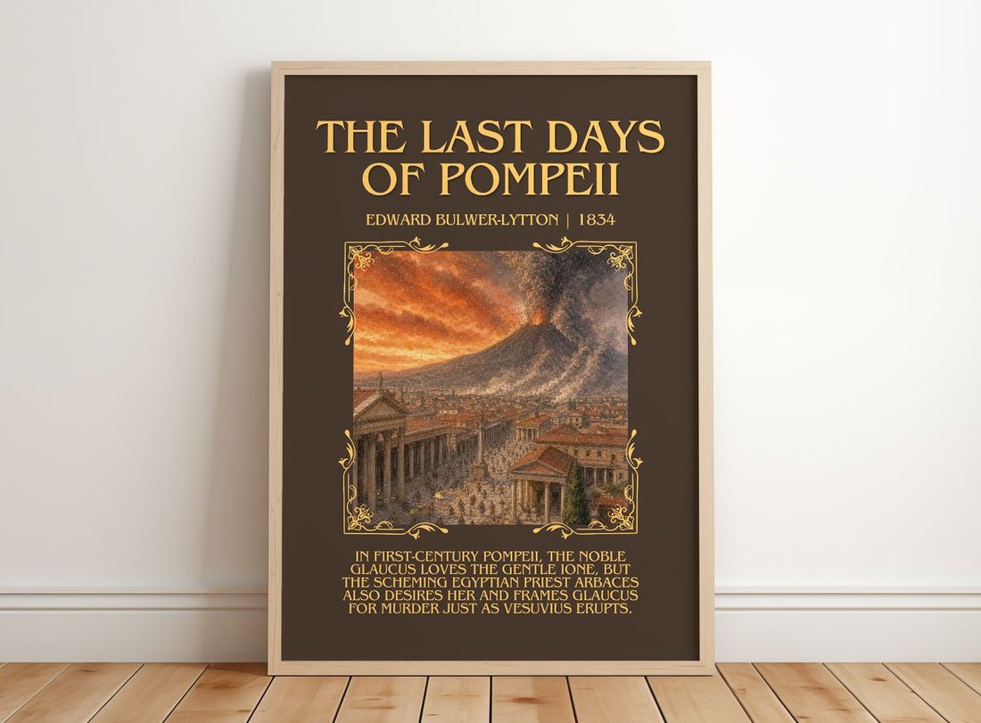 Last Days Of Pompeii Minimalist Book Poster by Edward Bulwer-Lytton – framed print leaning on a wooden floor