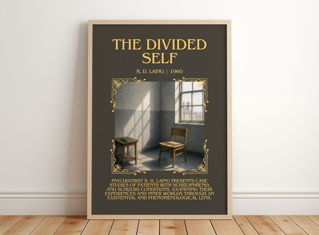 The Divided Self Minimalist Book Poster by R. D. Laing – framed print leaning on a wooden floor